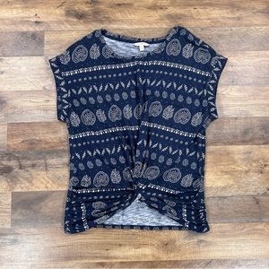 Lucky Brand Womens Shirt Small Navy Blue Leaf Print Short Sleeve Tie Front Tee